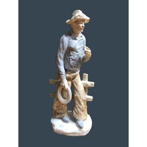 Porcelain Figurine Cowboy Sculpture Hat Cigar Rope Japan Western Rodeo Blue